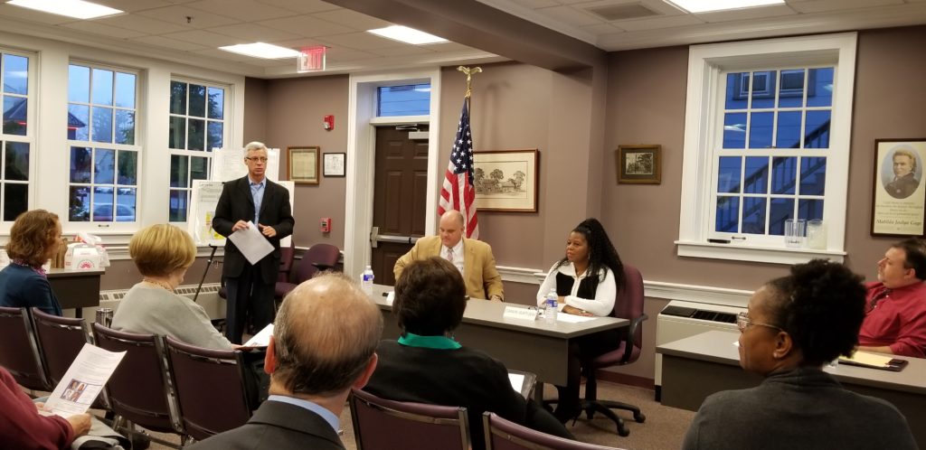 Jim Keib introduces the Forum presenters at Fayetteville Village Hall.